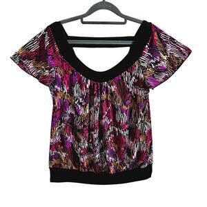 AGB Women's L Short Sleeve Colorful Blouse Bold Firework Line Abstract Print